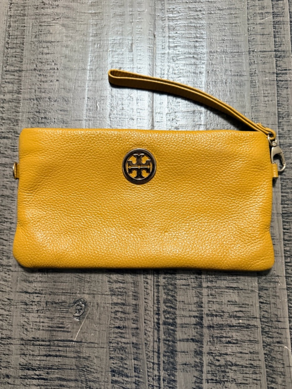 Tory Burch Mustard Yellow Pebbled Leather Wristlet with Logo